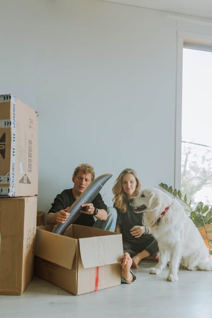 A young woman sitting cross-legged on a wooden floor inside a home surrounded by stacked cardboard moving boxes of various sizes, some sealed with red tape and labelled for packing and transportation.